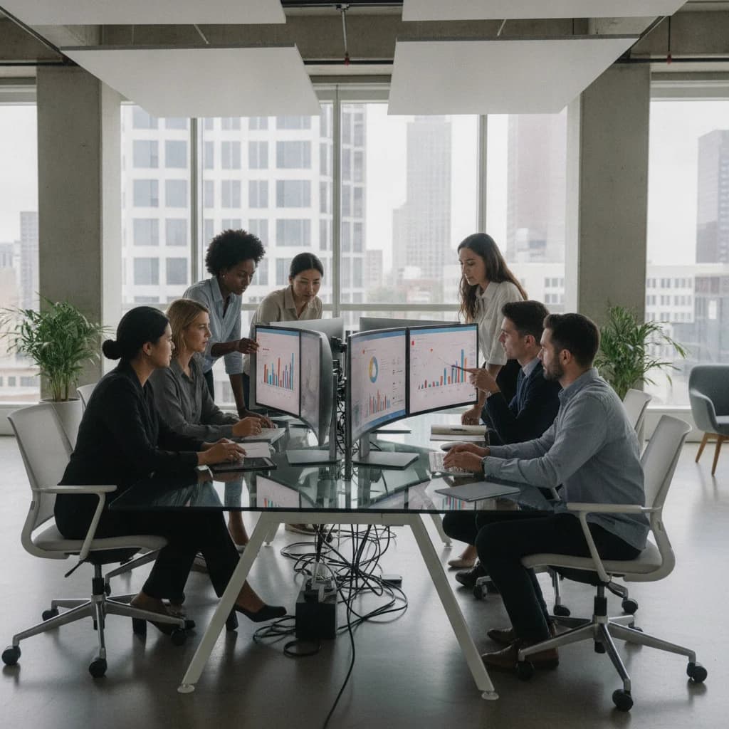 A diverse group of property managers in a modern, well-lit office collaborating on digital marketing strategies, looking at data on screens. The focus is on teamwork and technology, with no text overlays or competitors visible.
