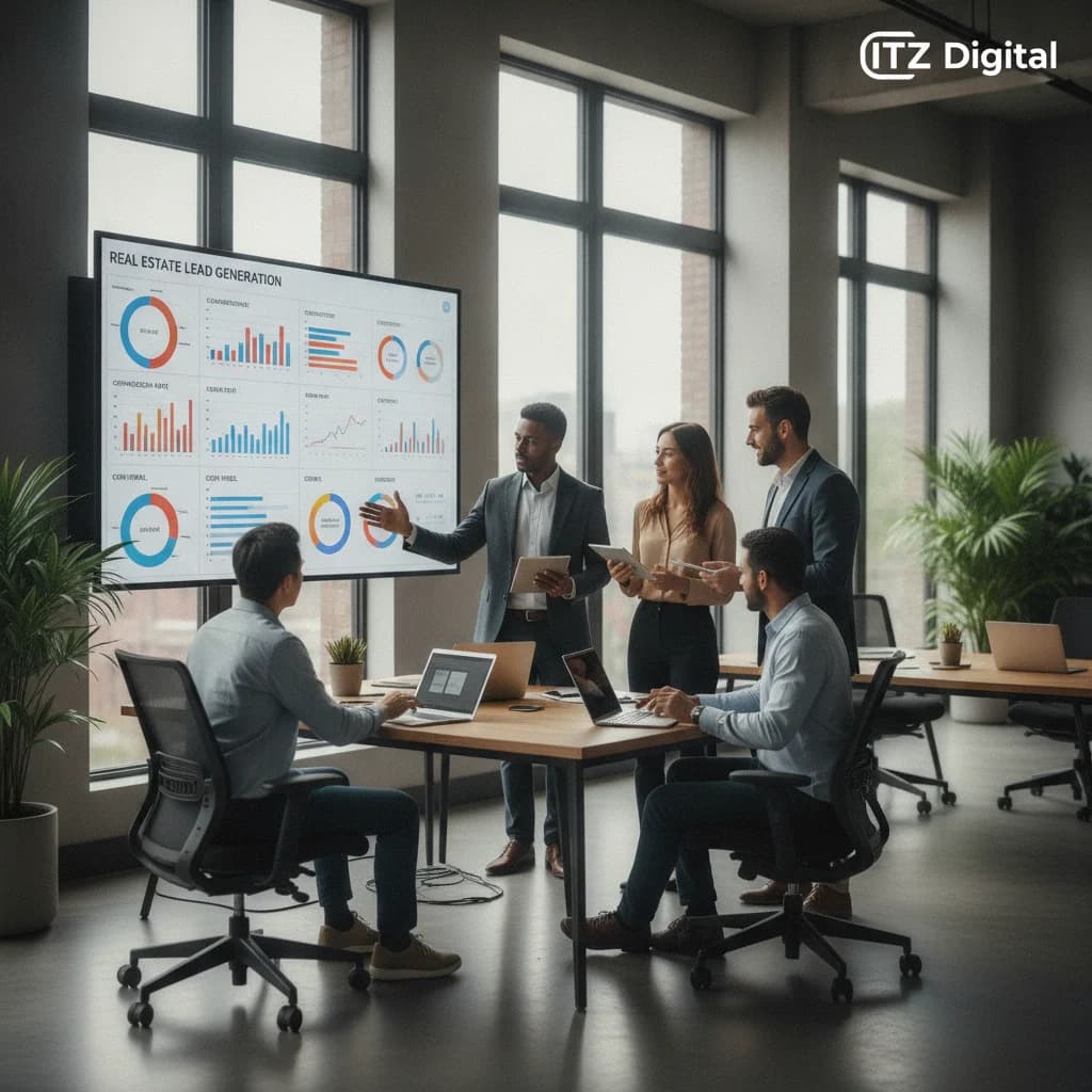A professional, modern office setting with a diverse team collaborating around a digital marketing dashboard, showing charts and graphs related to real estate lead generation and conversion, with a subtle ITZ Digital logo in the corner. Bright, clear lighting, no text overlays, no blurred elements, no competitors visible.
