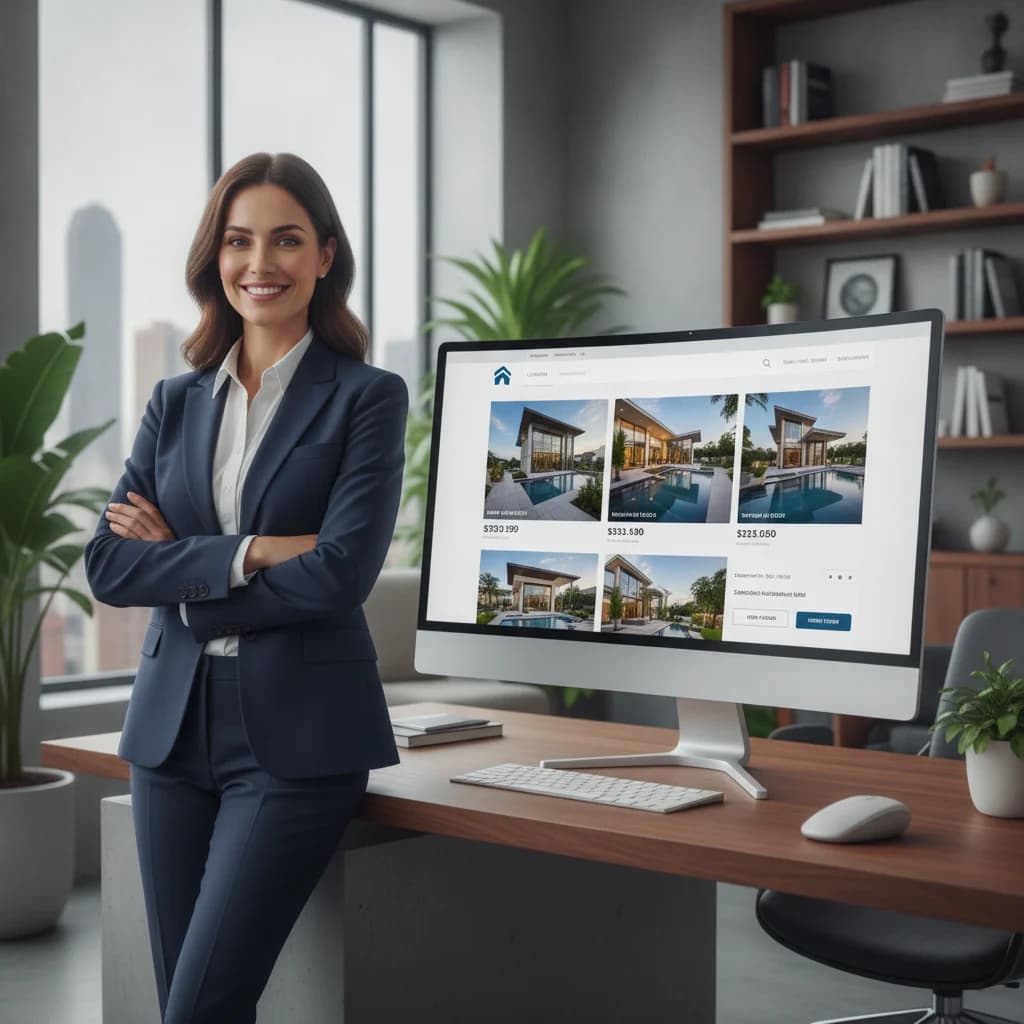 A modern, professional real estate agent standing confidently in front of a sleek, high-tech computer displaying a high-conversion real estate website with property listings. The image should convey professionalism, digital expertise, and success, with a clean design, good lighting, and no text overlays. Focus on the agent and the digital interface.