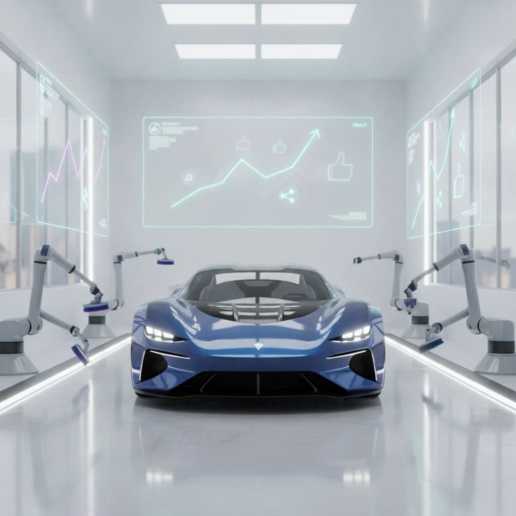 A sleek, modern car in a professional auto detailing bay, with a digital overlay of social media graphs and icons subtly integrated into the background. The scene should be bright and clean, emphasizing precision and technology. No text on image, no competitors, no low-lighting.