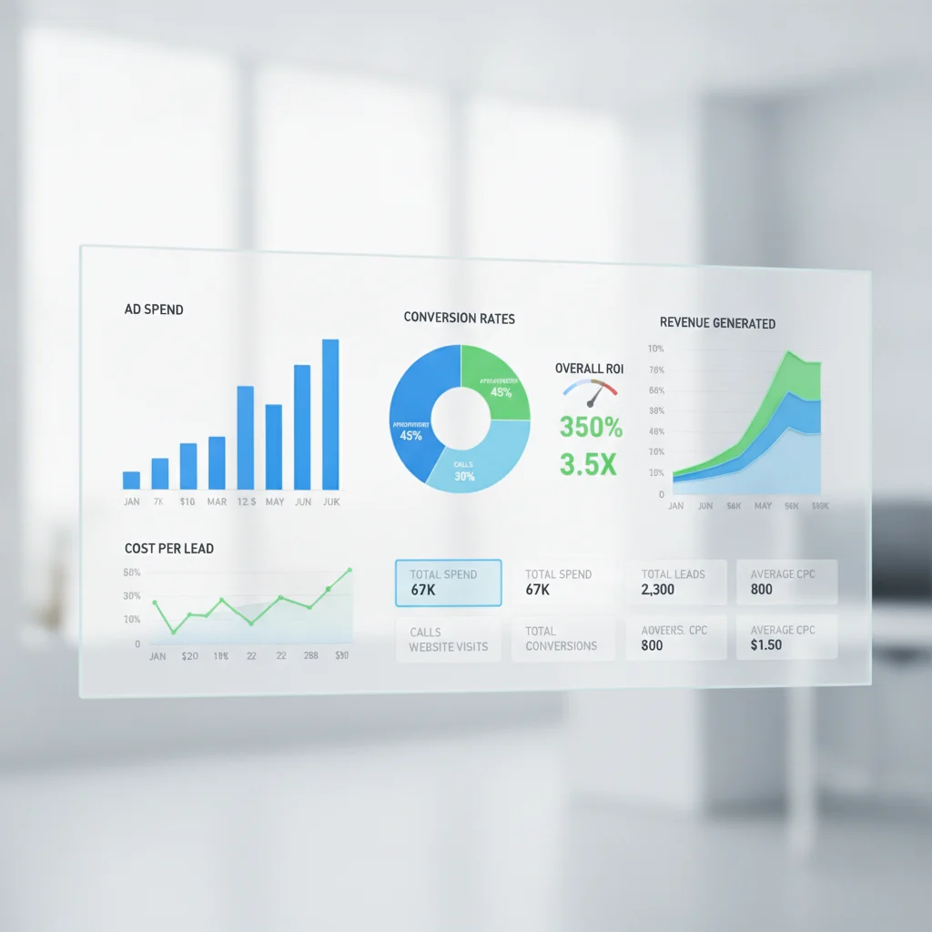 A detailed financial dashboard displaying a clear breakdown of marketing expenses and ROI for an auto repair shop's Meta Ads campaigns. The dashboard shows graphs for ad spend, cost per lead, conversion rates, and overall revenue generated. It should be clean, modern, and professional, with no text, no competitors, no low-lighting, and no dirty environments.
