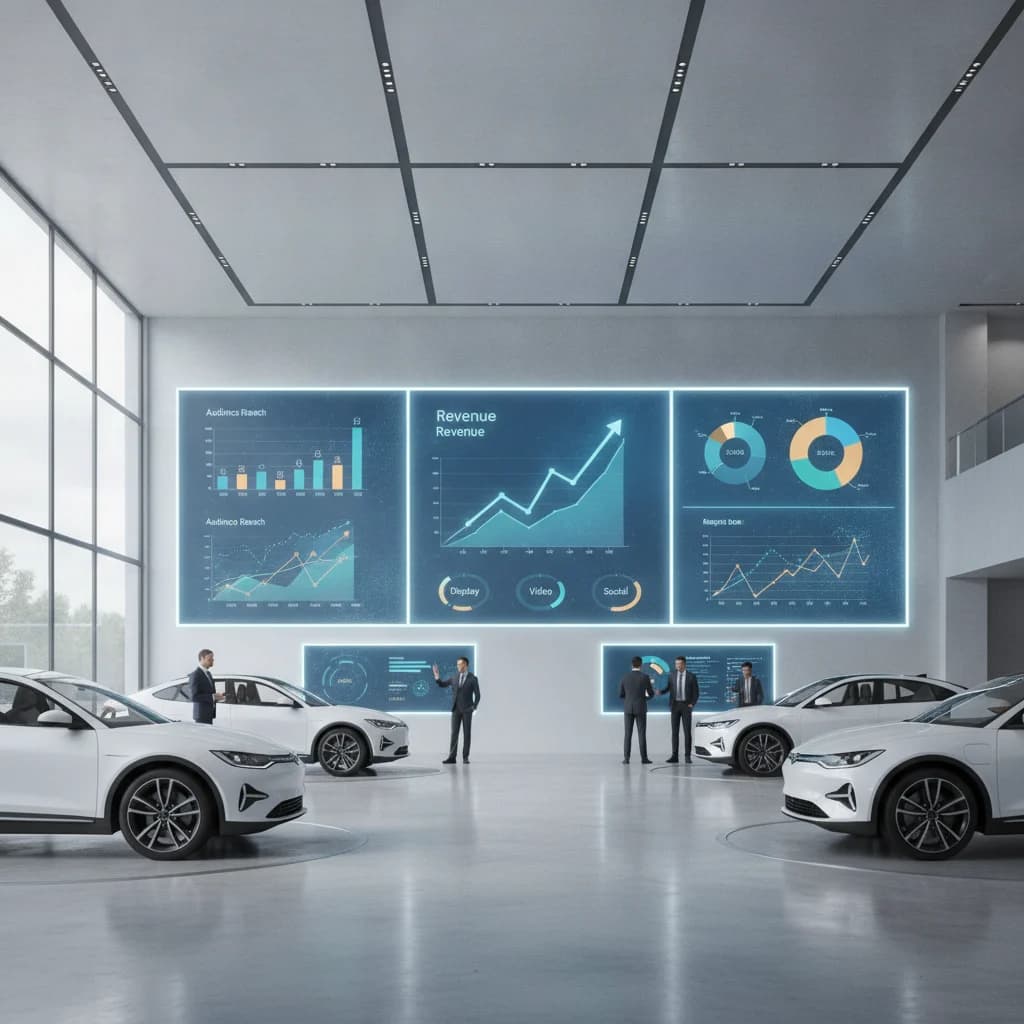A modern automotive dealership showroom, with digital screens displaying analytics and data visualizations related to programmatic advertising performance, showing upward trends and clear financial breakdowns. The scene should be bright and professional, no text on screens, no competitors, no low-lighting, no car crashes. Focus on data transparency and technology.