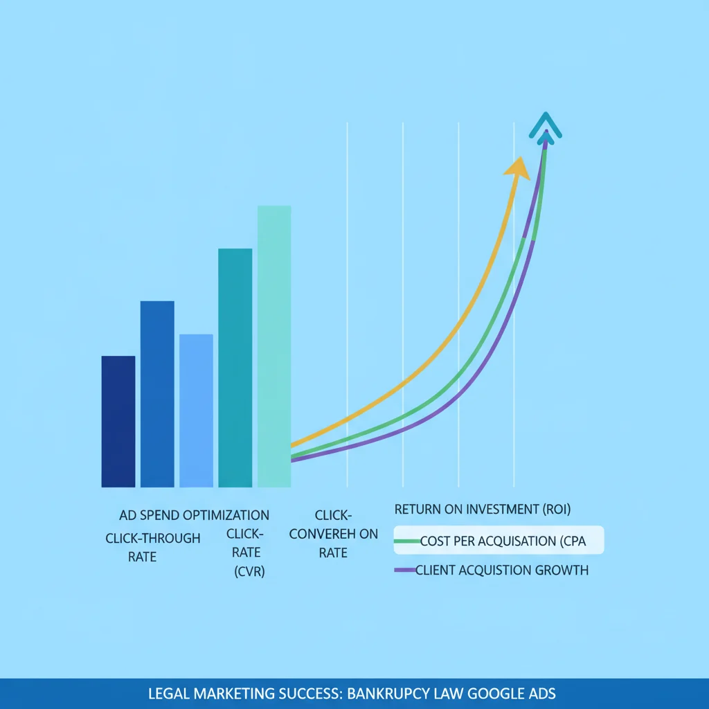 A professional, clean graphic showing a bar chart or financial graph with upward trends, symbolizing strong ROI and cost-efficiency for legal marketing, specifically bankruptcy lawyers using Google Ads. No text overlays, no competitors, bright lighting. Focus on digital marketing metrics and growth.