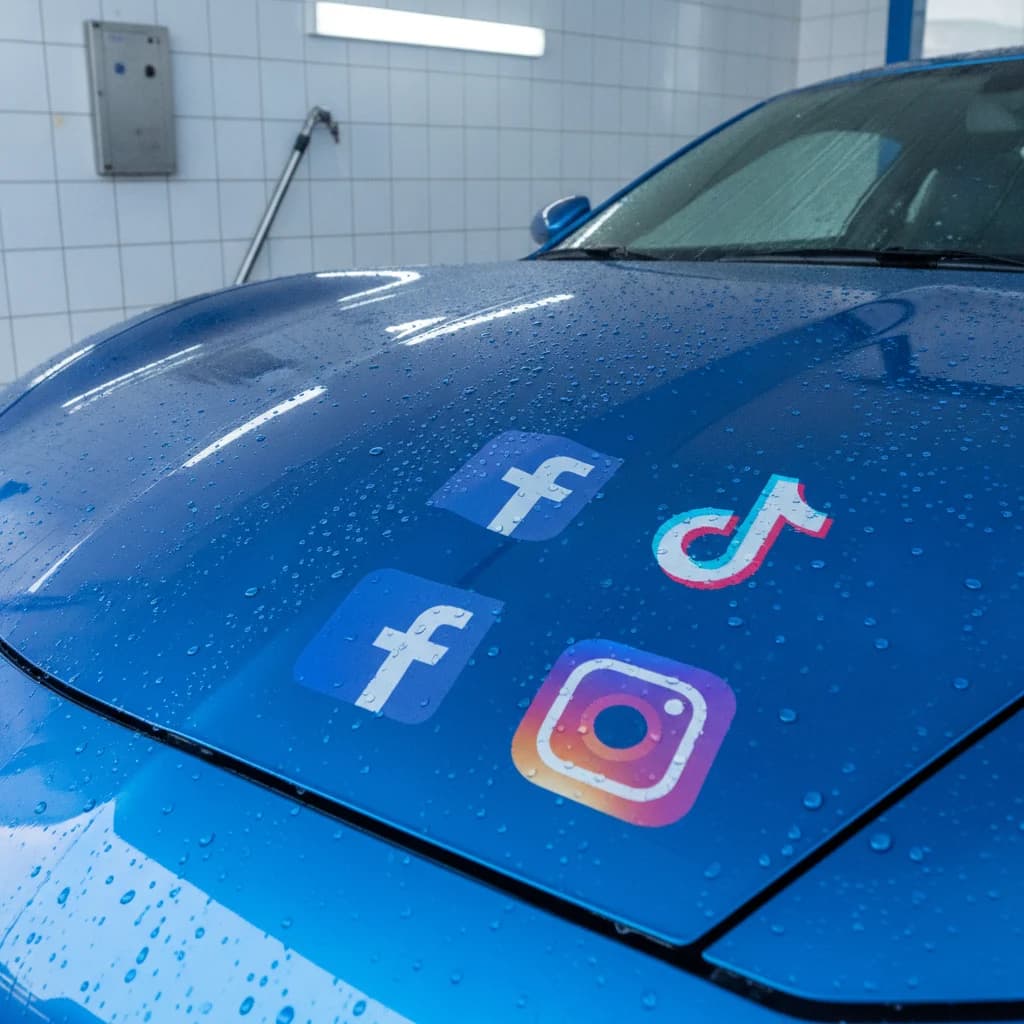 A gleaming, recently washed car with water droplets, reflecting vivid social media platform logos (e.g., Facebook, Instagram, TikTok icons) on its polished surface. The car is surrounded by a clean, modern car wash bay with soft, bright lighting. No text, no competitors, high-quality, realistic, vibrant colors.