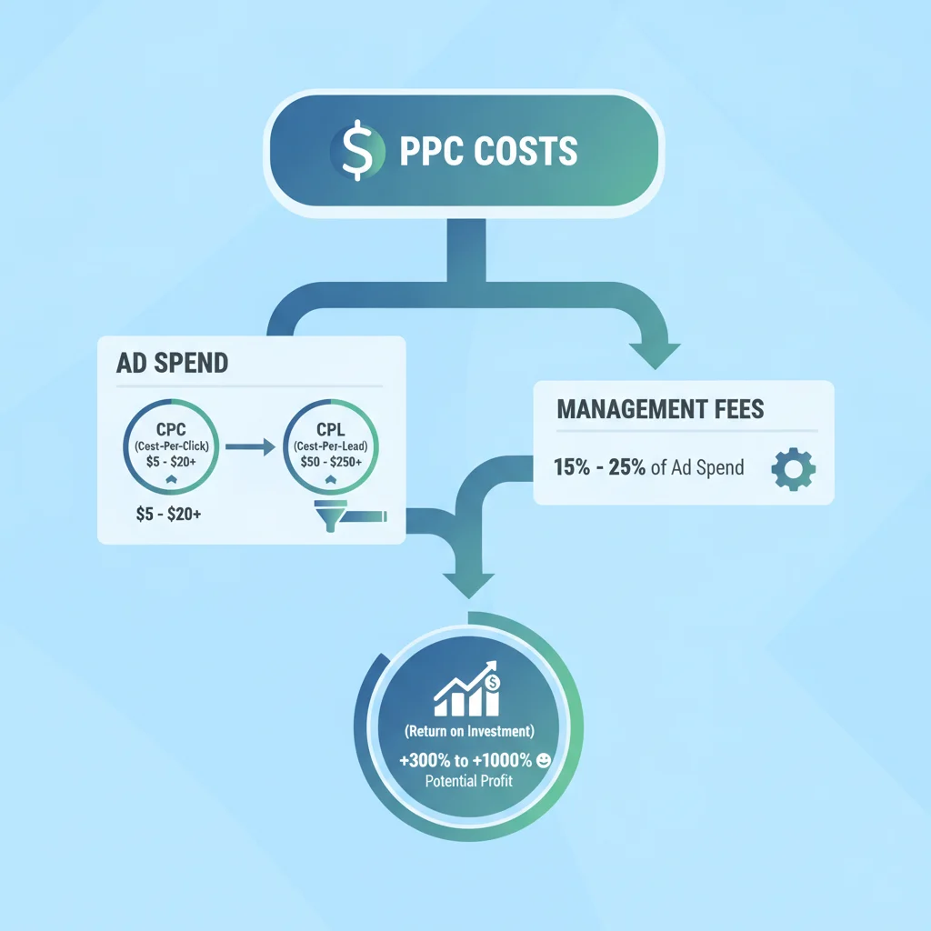 A detailed, clear infographic-style image illustrating the breakdown of PPC costs for chiropractors: ad spend, management fees, CPC, CPL, and ROI. Use clean, modern graphics with arrows showing flow and percentages or ranges for typical costs. No text in the image, just visual representations of data. The overall tone should be professional and informative.