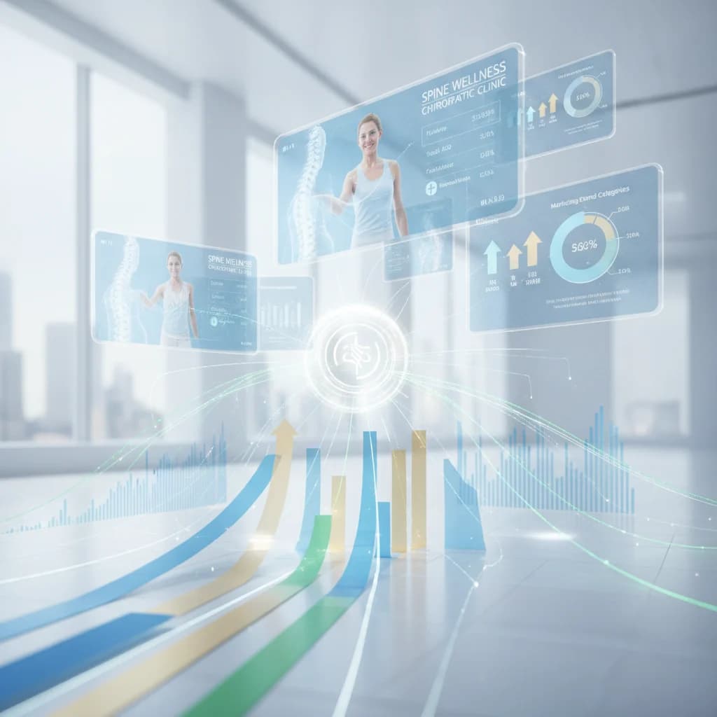 A conceptual image depicting financial data, charts, and digital ad screens seamlessly integrated, illustrating transparency and efficiency in marketing costs for a chiropractic clinic. Focus on clarity, growth, and modern technology. NO text, NO competitors, NO low-lighting.
