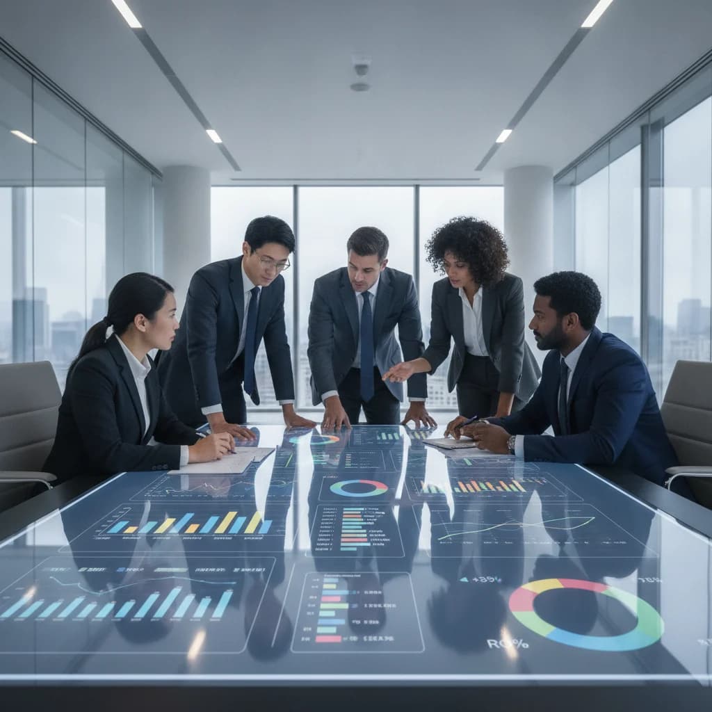 A diverse group of legal professionals, men and women, collaborating around a large digital dashboard displaying PPC campaign metrics, charts, and graphs. The scene should be modern, professional, and convey collaboration and data analysis, with no text overlays or brand logos. The lighting is bright and clear.