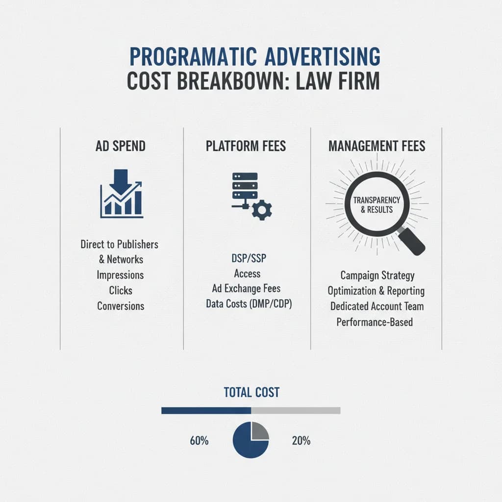 A detailed, clear infographic showing a breakdown of programmatic advertising costs for a law firm, with distinct sections for "Ad Spend," "Platform Fees," and "Management Fees." The "Management Fees" section should highlight transparency and results, perhaps with a magnifying glass over it. The infographic should use a clean, modern design with professional colors, avoiding any text overlays on the image itself, competitors, or low-lighting.