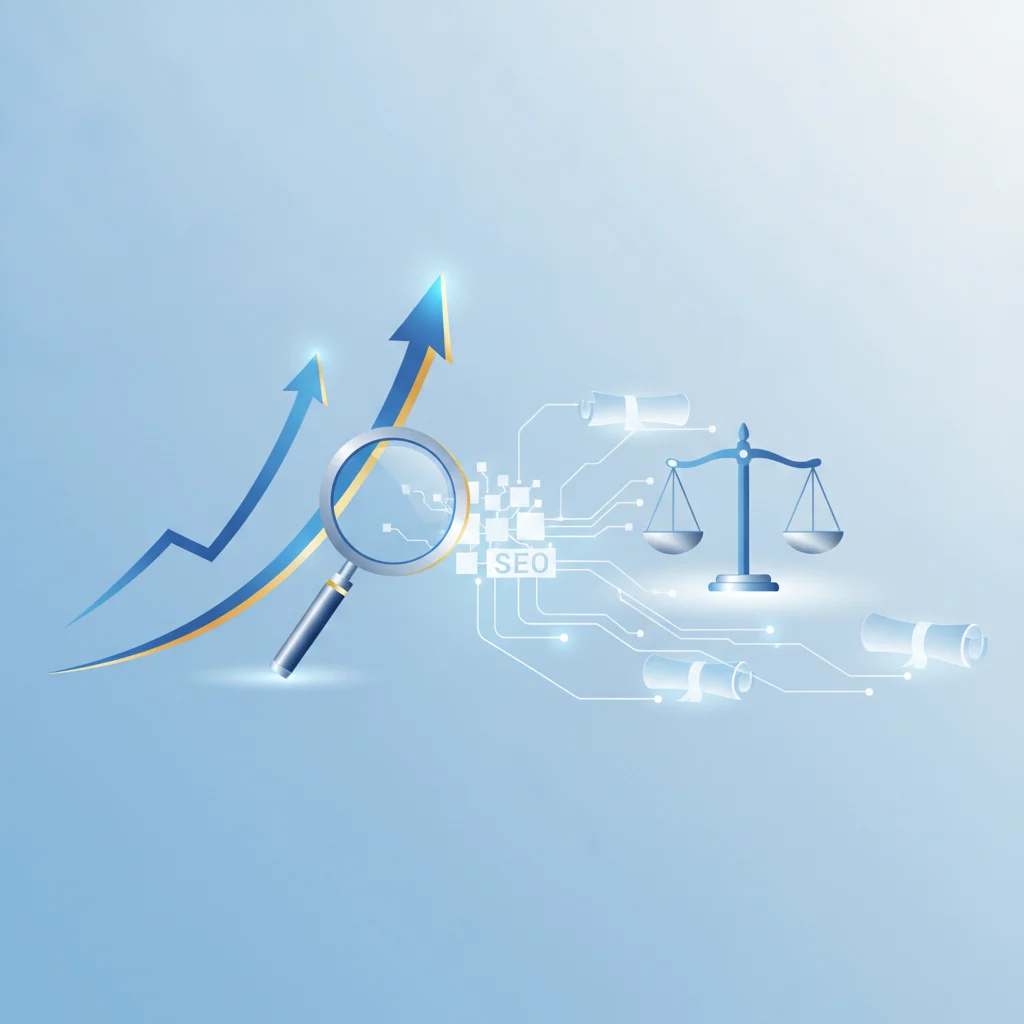 An abstract image depicting financial growth and digital marketing concepts for a law firm. Visualize a graph showing upward trends, magnifying glass over SEO keywords, and digital lines connecting to legal documents or scales of justice, all in a professional, clean style. NO text overlays, NO text in image, NO competitors, NO low-lighting.