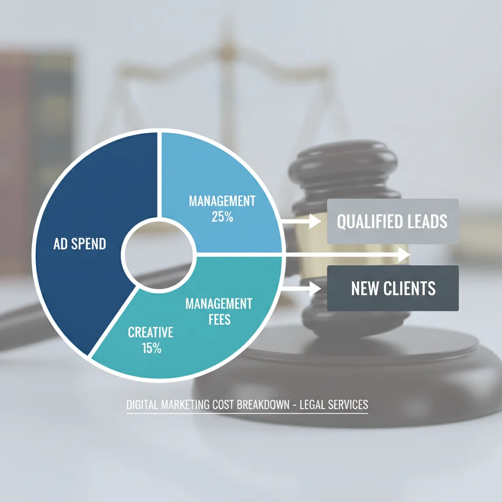 A detailed infographic visualizing the breakdown of digital marketing costs for legal services, showing distinct segments for ad spend, management fees, and creative, with arrows pointing to outcomes like leads and clients. Emphasize transparency and clarity, with no text overlays, no competitors, and professional lighting.