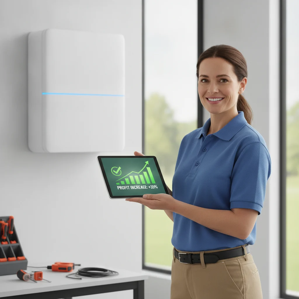 A professional, clear image of an HVAC technician smiling while holding a tablet displaying a clear, positive financial graph or report, with a modern, clean HVAC unit in the background. The focus should be on success and technology, no text overlays, no competitors, bright lighting.