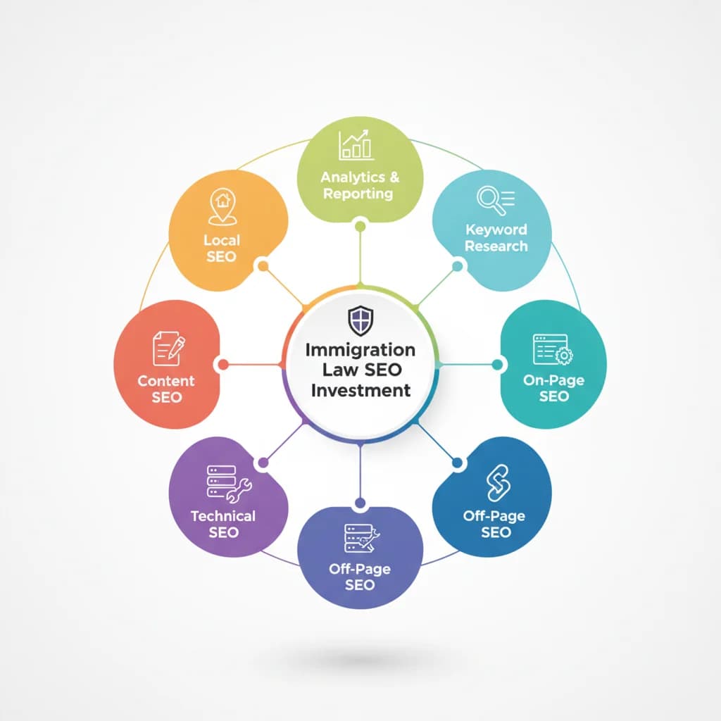 A detailed, clear infographic illustrating the various components of SEO (keyword research, on-page, off-page, technical, content, local, analytics) radiating from a central point labeled "Immigration Law SEO Investment." The design should be modern, professional, and use a clean color palette. No text overlays, no competitors, bright lighting.