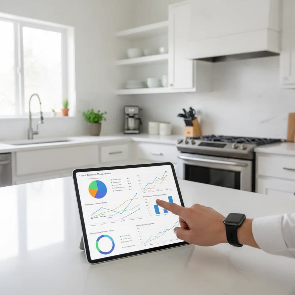 A modern, organized kitchen with a tablet displaying analytics graphs and a professional's hand pointing at key data points, conveying digital marketing strategy for home improvement. No text in image, no competitors, no unorganized kitchens.