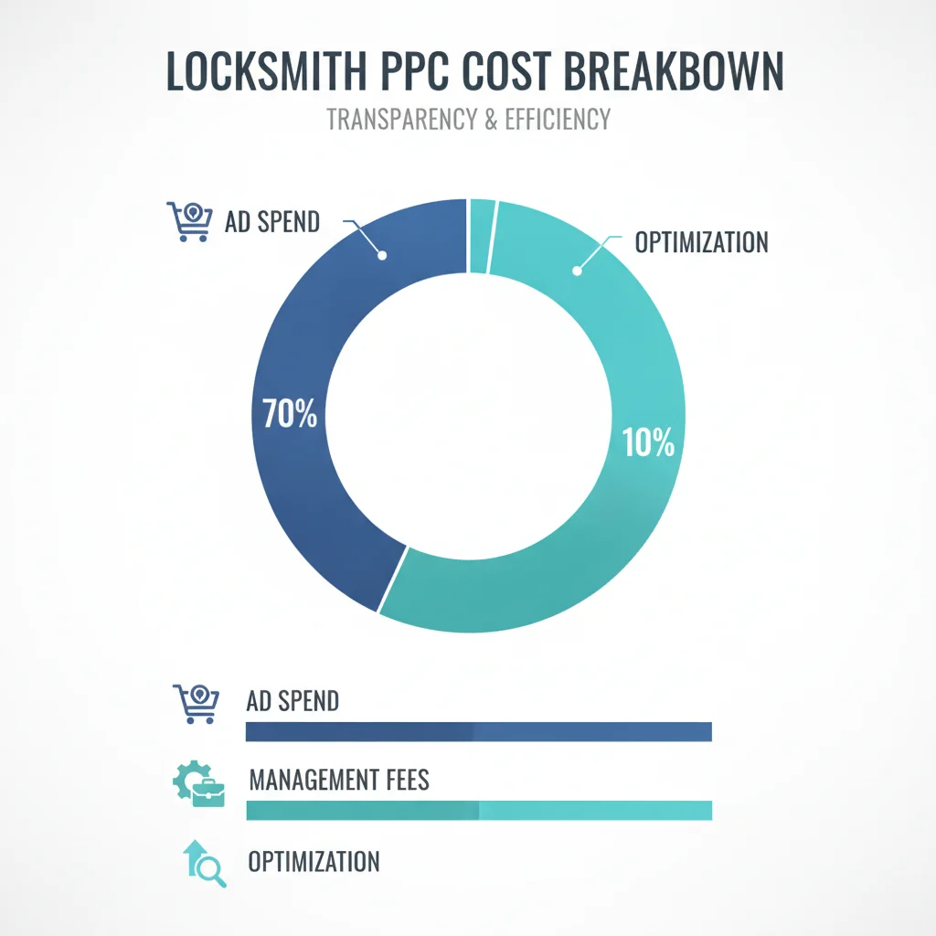 A detailed, modern infographic illustrating the breakdown of locksmith PPC costs, showing percentages for ad spend, management fees, and optimization. The infographic should use clean lines, clear icons, and a professional color scheme, with a focus on transparency and efficiency. No text in image, no competitors, no low-lighting.