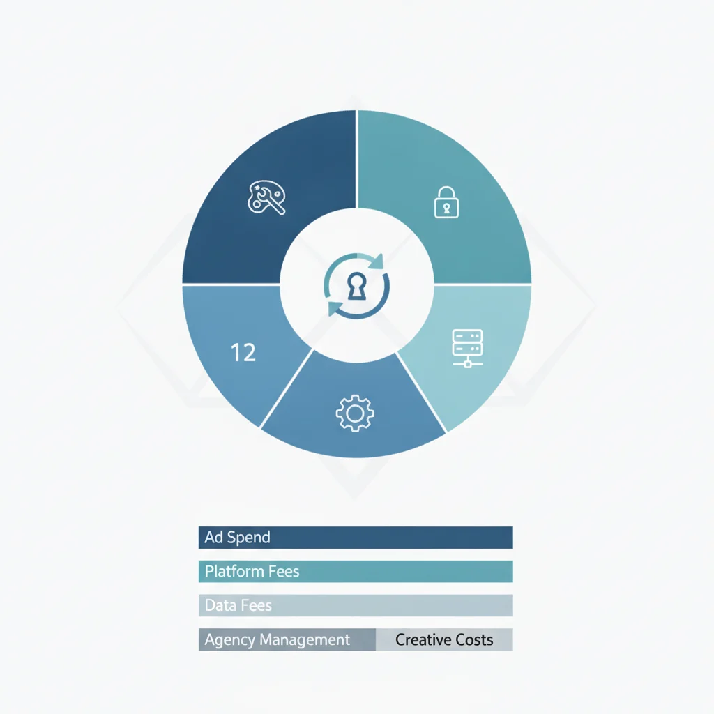 A detailed, modern infographic showing a breakdown of programmatic advertising costs for a locksmith business, with clear labels for "Ad Spend," "Platform Fees," "Data Fees," "Agency Management," and "Creative Costs." The infographic should use a clean, professional design with subtle locksmith iconography like keys or a lock symbol, without any text in the image itself.