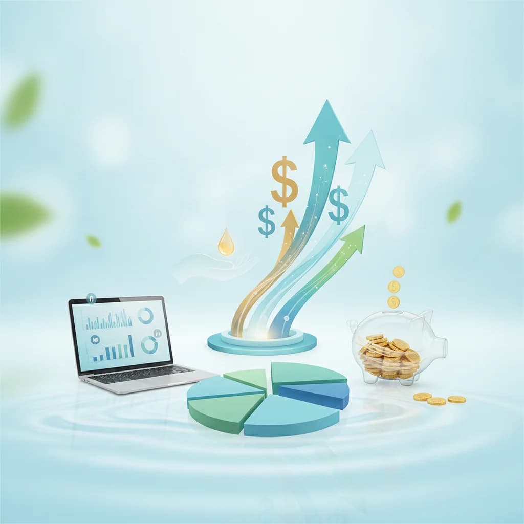 A conceptual image illustrating financial transparency and growth for a massage therapy business. Focus on elements like charts, upward arrows, money symbols, and subtle spa or massage elements (e.g., a serene hand, a hint of essential oils, a relaxing color palette) integrated with digital marketing visuals (e.g., social media icons, a laptop screen showing analytics). The overall mood should be professional, trustworthy, and forward-thinking. NO text, NO competitors, NO low-lighting.