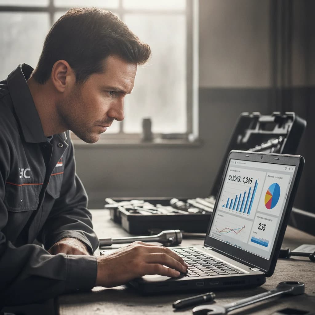 A close-up shot of an automotive mechanic reviewing a digital dashboard displaying PPC campaign metrics (e.g., clicks, impressions, conversions) on a laptop, with car repair tools subtly blurred in the background. The mechanic should look thoughtful and professional. Bright, natural lighting, no text overlays, no competitor logos.