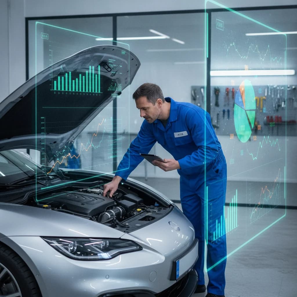 A detailed, clear image showing a mechanic working diligently on a car in a modern, clean auto repair shop, with an overlay of digital marketing analytics graphs and charts subtly integrated into the background, symbolizing the blend of traditional auto service and advanced digital advertising. The mechanic is focused, and the digital elements are vibrant and professional. NO text in image, NO competitors, NO low-lighting.