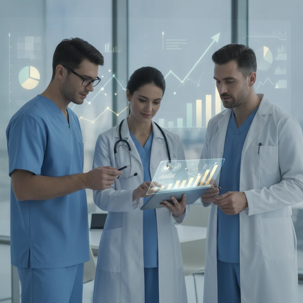 A professional, clean image depicting healthcare professionals reviewing data analytics on a tablet, with subtle financial charts or graphs in the background. Focus on growth and efficiency, not chaos. Bright, professional lighting, no text, no competitors, no cartoonish elements.