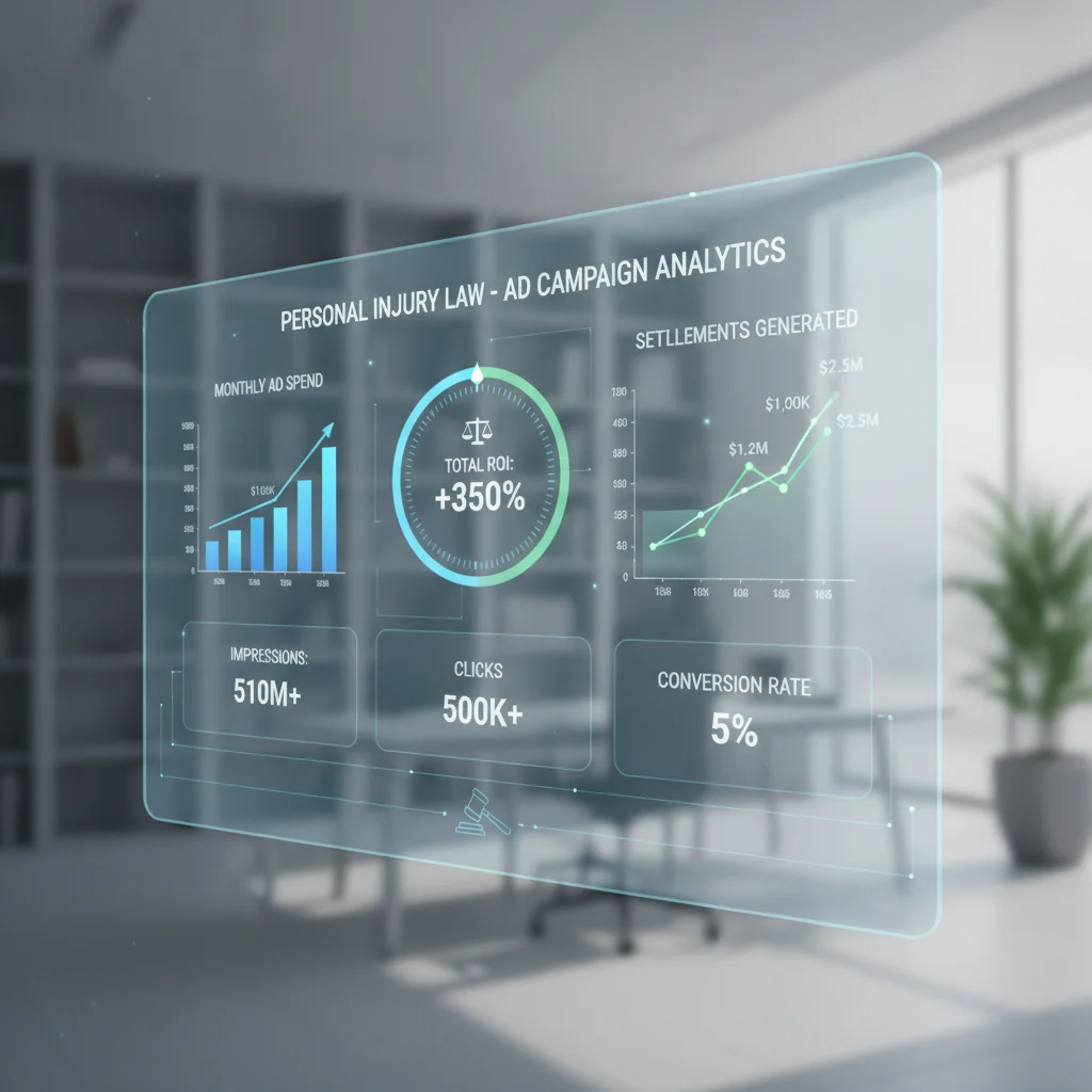 A detailed illustration of a transparent financial dashboard showing personal injury law social media ad spend, ROI, and key performance indicators, with clear graphs and figures, symbolizing clarity and efficiency. The dashboard is modern and clean, with subtle legal imagery like a balance scale integrated into the design. No text overlays or low lighting.