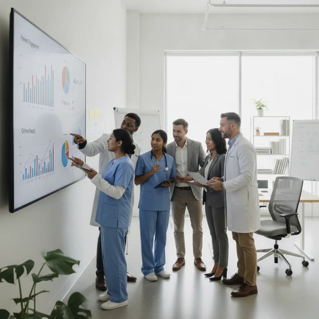 A diverse group of healthcare professionals, including physical therapists, collaborating in a modern office, reviewing digital marketing data on a large screen with charts and graphs. The image should convey teamwork, data analysis, and professional growth in a bright, clean environment. NO text in image, NO competitors, NO low-lighting.