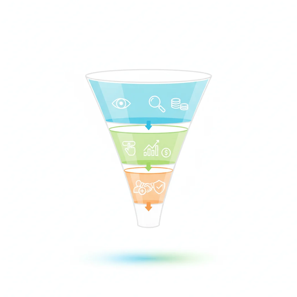 A clear, modern infographic showing a funnel with three distinct sections: "Impressions (CPM)", "Clicks (CPC)", and "Conversions (CPA)", with arrows flowing downwards. Each section has illustrative icons related to digital advertising and patient acquisition, emphasizing transparency and financial metrics, without text on the image.