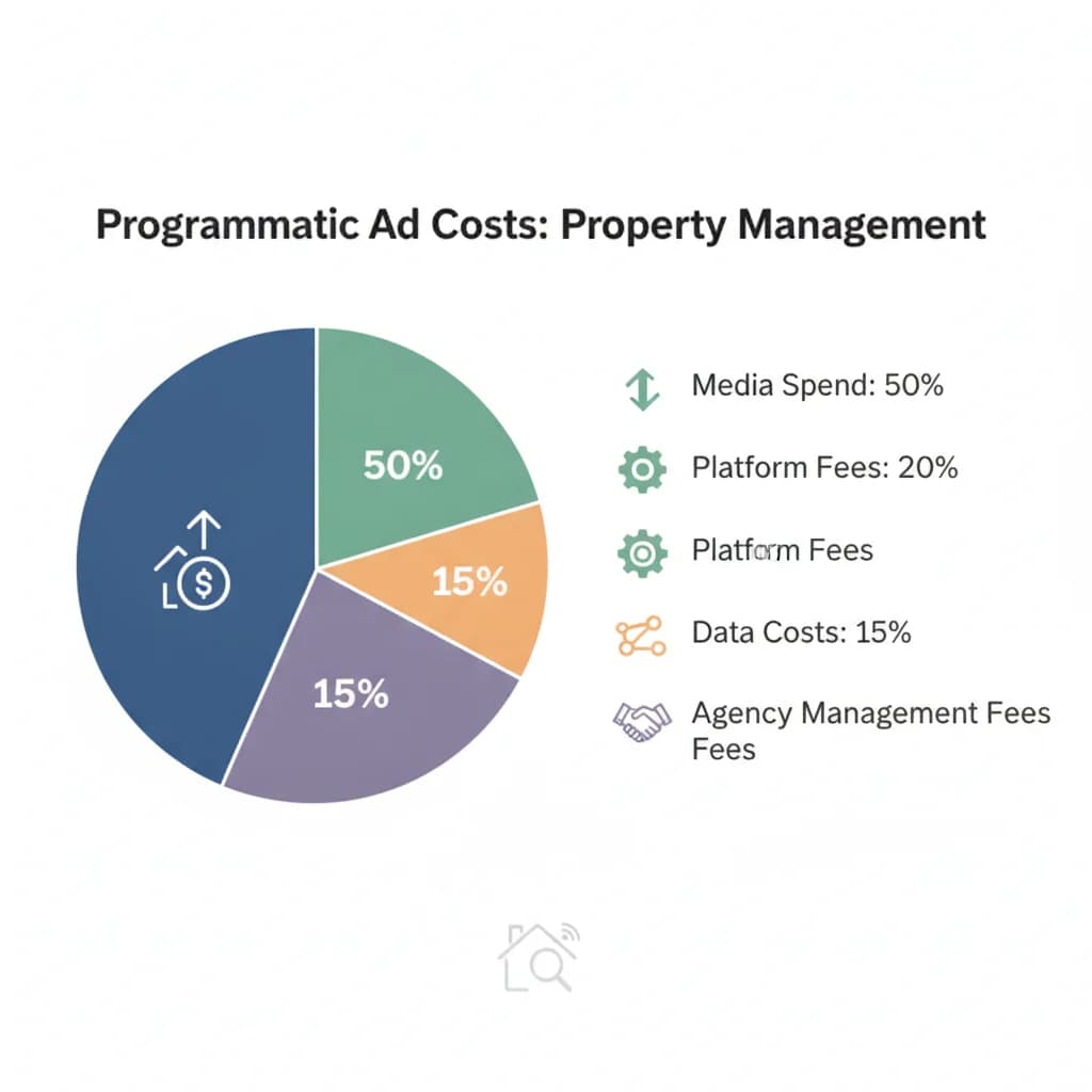 A detailed infographic illustrating the breakdown of programmatic ad costs for property management, showing percentages for media spend, platform fees, data costs, and agency management fees, with a clean, professional aesthetic, no text overlays, no blurred elements.