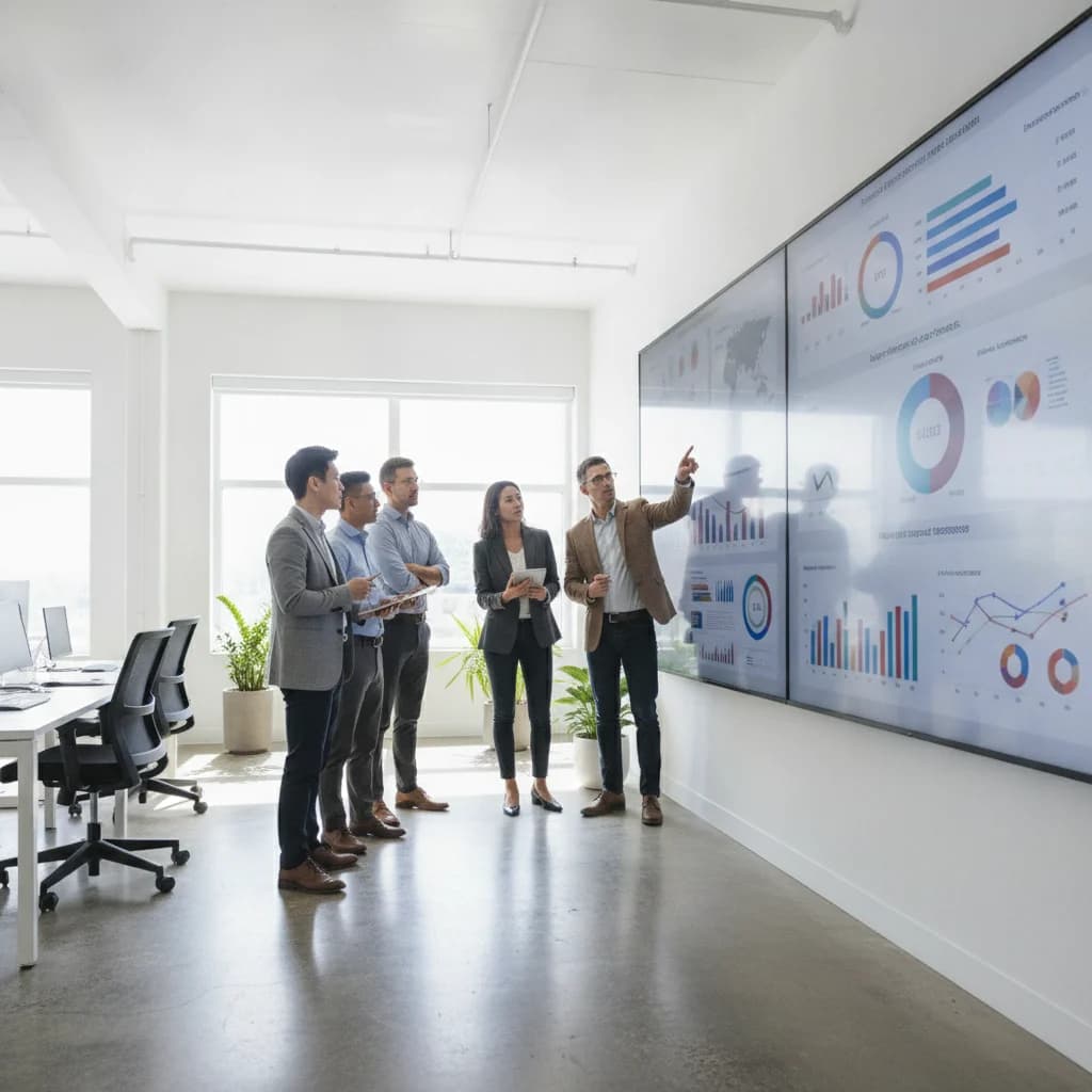 A diverse group of real estate professionals collaborating in a modern, brightly lit office space, looking at a large screen displaying complex programmatic advertising data and analytics. They are discussing strategies with focus and determination. No text overlays, no text in image, no competitors, no low-lighting, no blurred listings.