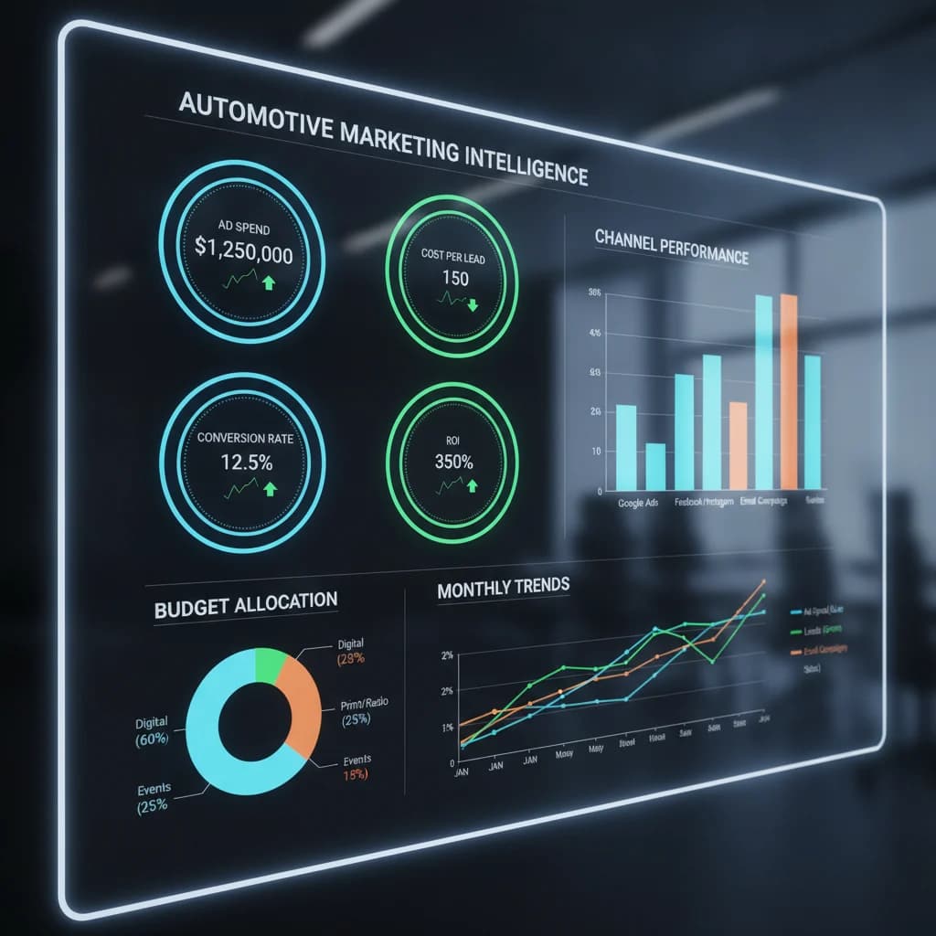 A digital dashboard showing various financial metrics like ad spend, cost per lead, conversion rates, and ROI, specifically tailored for automotive dealerships. The dashboard should be clean, professional, and easy to understand, illustrating transparency in marketing performance. No cars or people, just data visualization in a modern style with bright lighting.