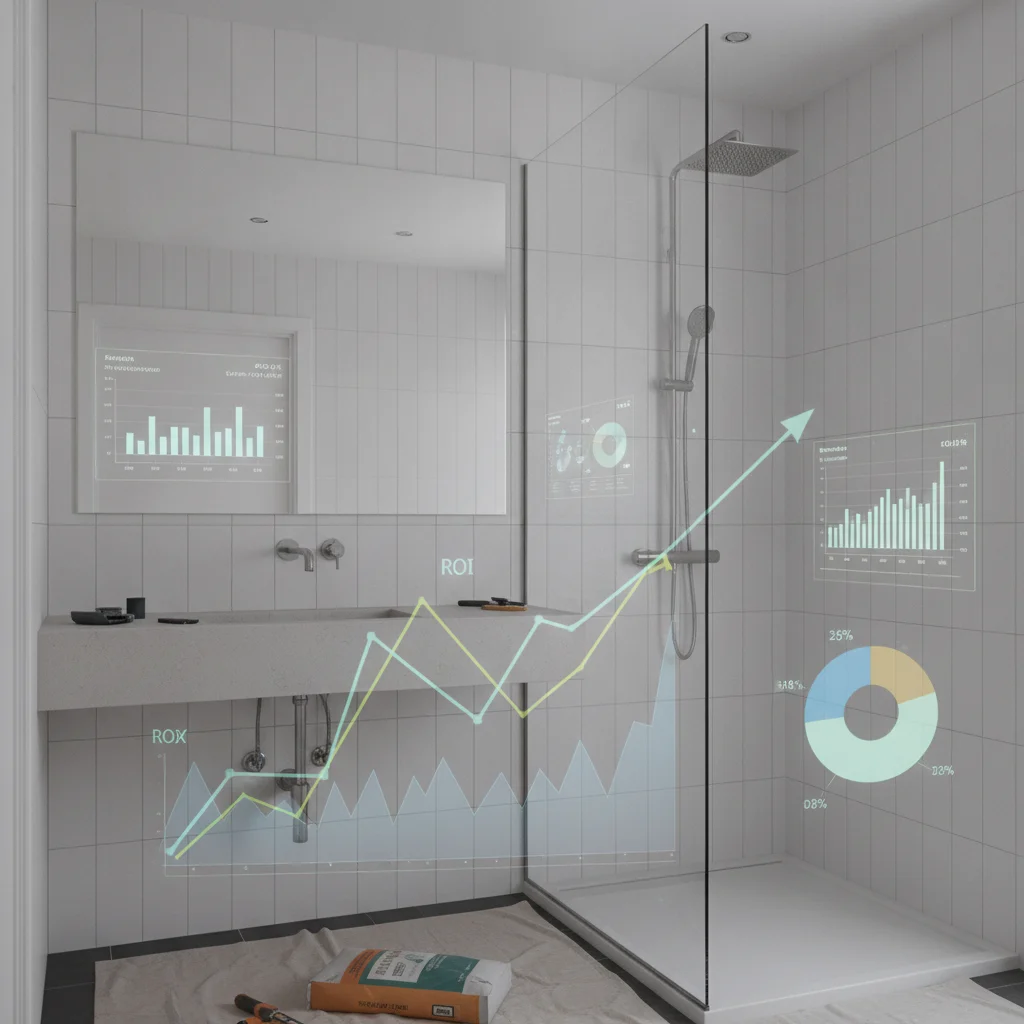 A modern, clean bathroom renovation project in progress, with a transparent overlay of digital marketing analytics charts and graphs, representing financial data and ROI. The focus is on the construction and design elements of the bathroom, with a subtle integration of digital screens showing ad performance metrics. No text in the image. No free-standing bathtubs. Bright, professional aesthetic.