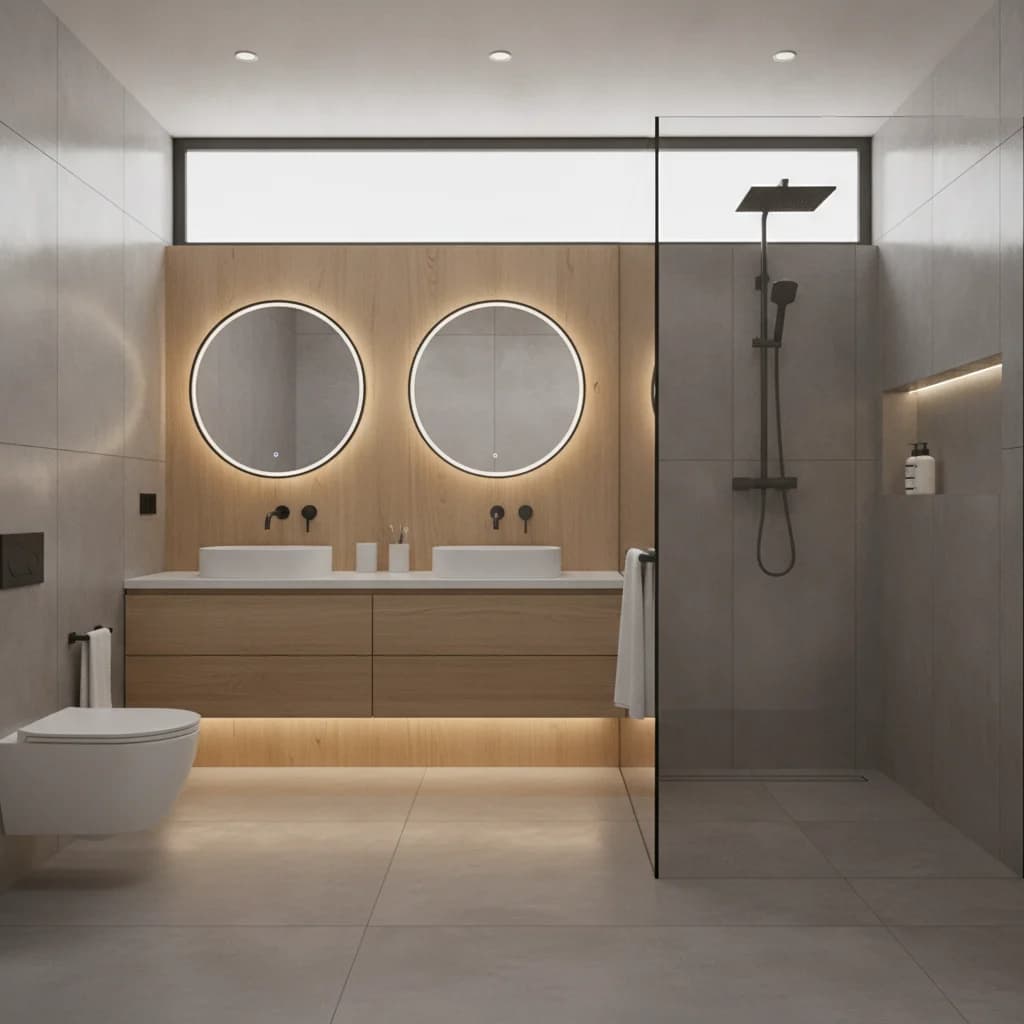 A modern bathroom design concept, seen from a slightly elevated angle, with a clean and organized aesthetic. Focus on sleek fixtures, tiling, and natural light. No text, no competitors, no free-standing bathtubs.
