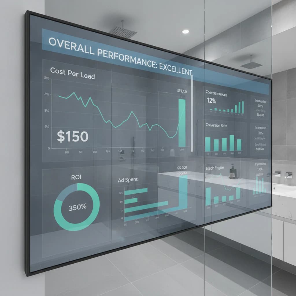 A detailed financial dashboard showing graphs and charts related to programmatic ad performance for a bathroom remodeler. The dashboard displays key metrics like Cost Per Lead, ROI, ad spend, and conversion rates in a clean, professional interface. In the background, subtly blurred, is a modern, high-end bathroom with clean lines and no free-standing bathtubs, reflecting the industry. The image emphasizes data, transparency, and strategic overview. NO text in image, NO competitors.
