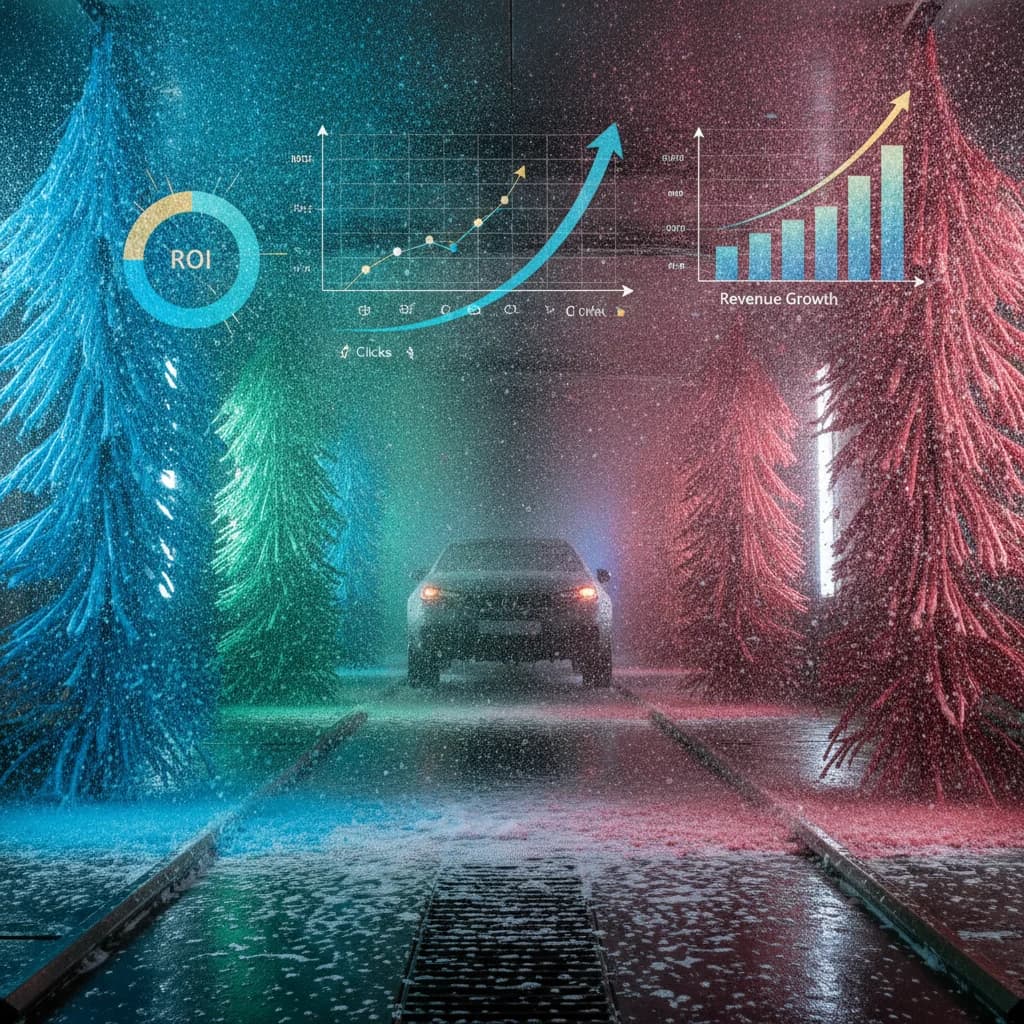 A dynamic, eye-level shot of a modern car wash tunnel with vibrant, colorful soap suds and water, symbolizing efficiency and cleanliness. Above the tunnel, digital analytics graphs and financial charts with upward trends are subtly overlaid, representing successful Google Ads campaigns and strong ROI. The image should convey growth and smart investment in digital marketing for car washes. No text in image, no competitors, bright and professional lighting.