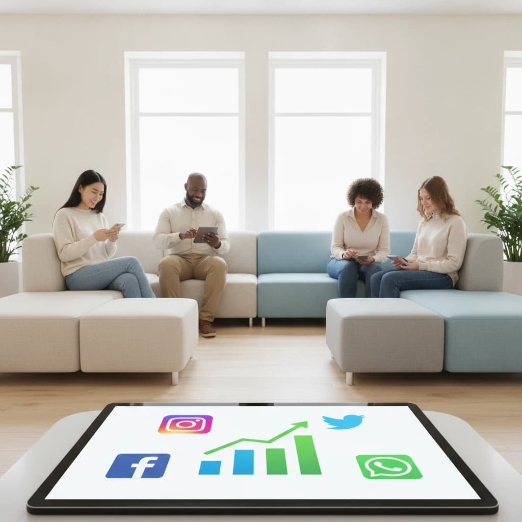 A modern, clean dental waiting room with a diverse group of happy patients (subtly diverse ages and ethnicities) looking at their phones or smiling. A tablet or digital screen in the foreground displays social media icons and a graph showing upward trends. The image should convey professionalism, comfort, and digital integration for patient acquisition. NO text in image, NO competitors, NO low-lighting, NO scary instruments.