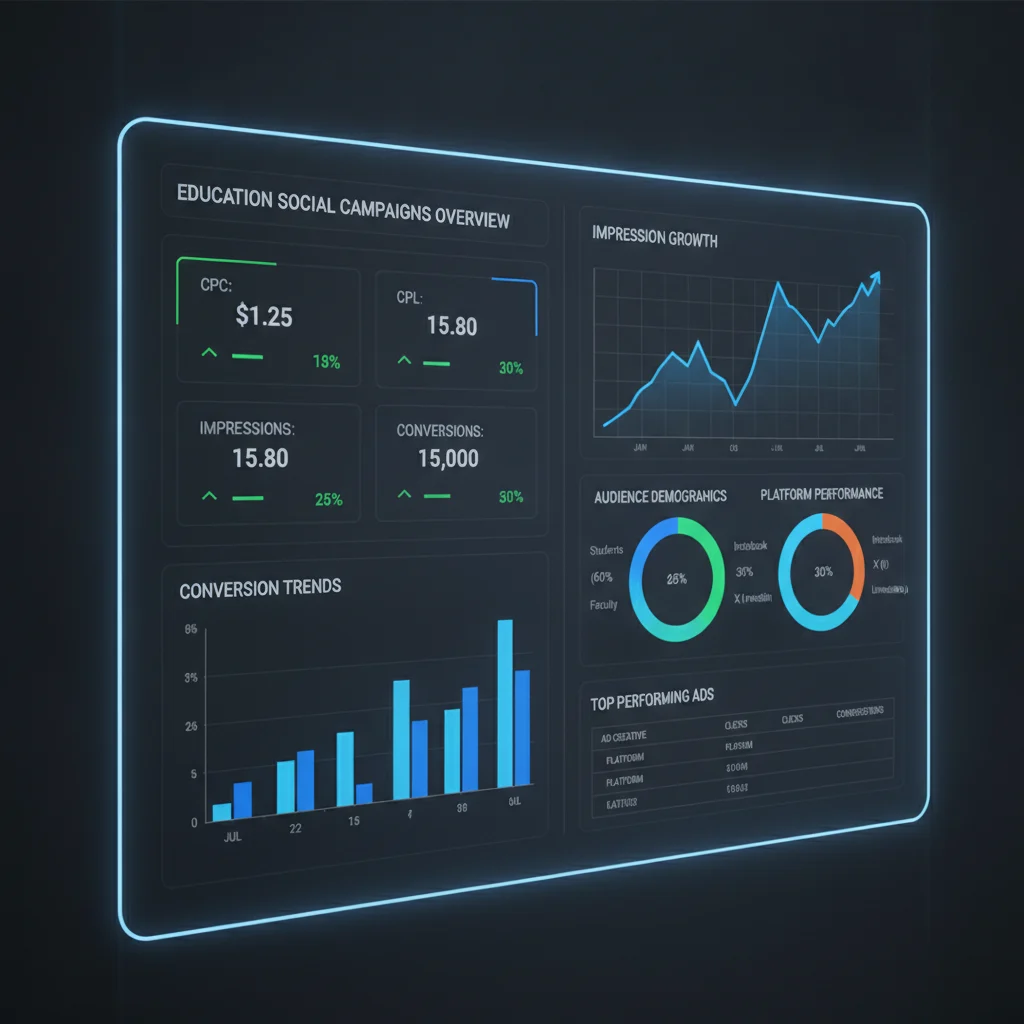 A modern digital marketing dashboard displaying various metrics like CPC, CPL, impressions, and conversions for an education institution's social media campaigns, with charts and graphs indicating growth. The interface is clean and professional, with no text overlays or brand names.