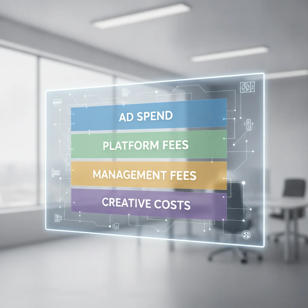 A detailed, clear image showing a graphic representation of financial transparency in digital advertising, specifically for HVAC programmatic ads, with clear divisions of budget components like 'Ad Spend', 'Platform Fees', 'Management Fees', and 'Creative Costs'. Use a modern, clean design with no text overlays, no competitors, and bright, professional lighting.
