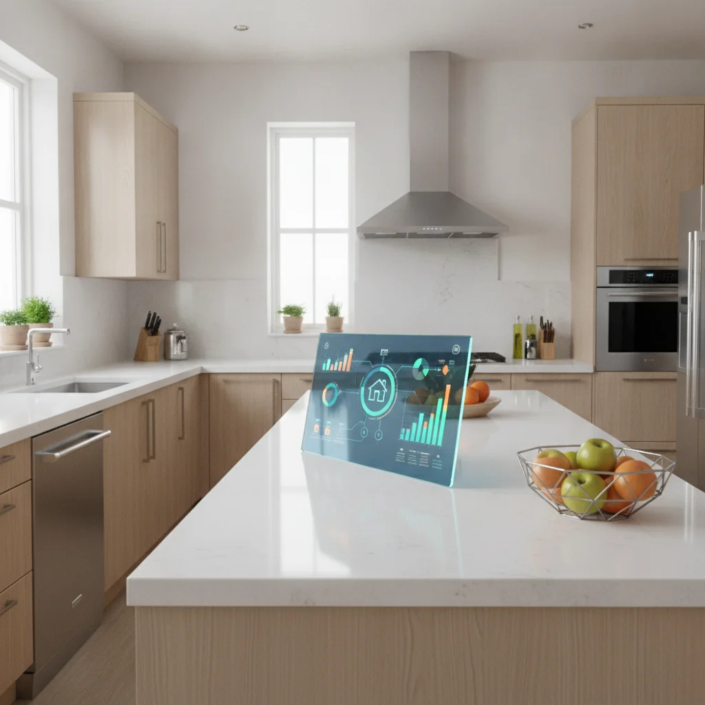 A clear, modern kitchen with a tablet displaying analytics graphs, symbolizing transparent digital marketing for home renovation. No text, no competitors, organized.