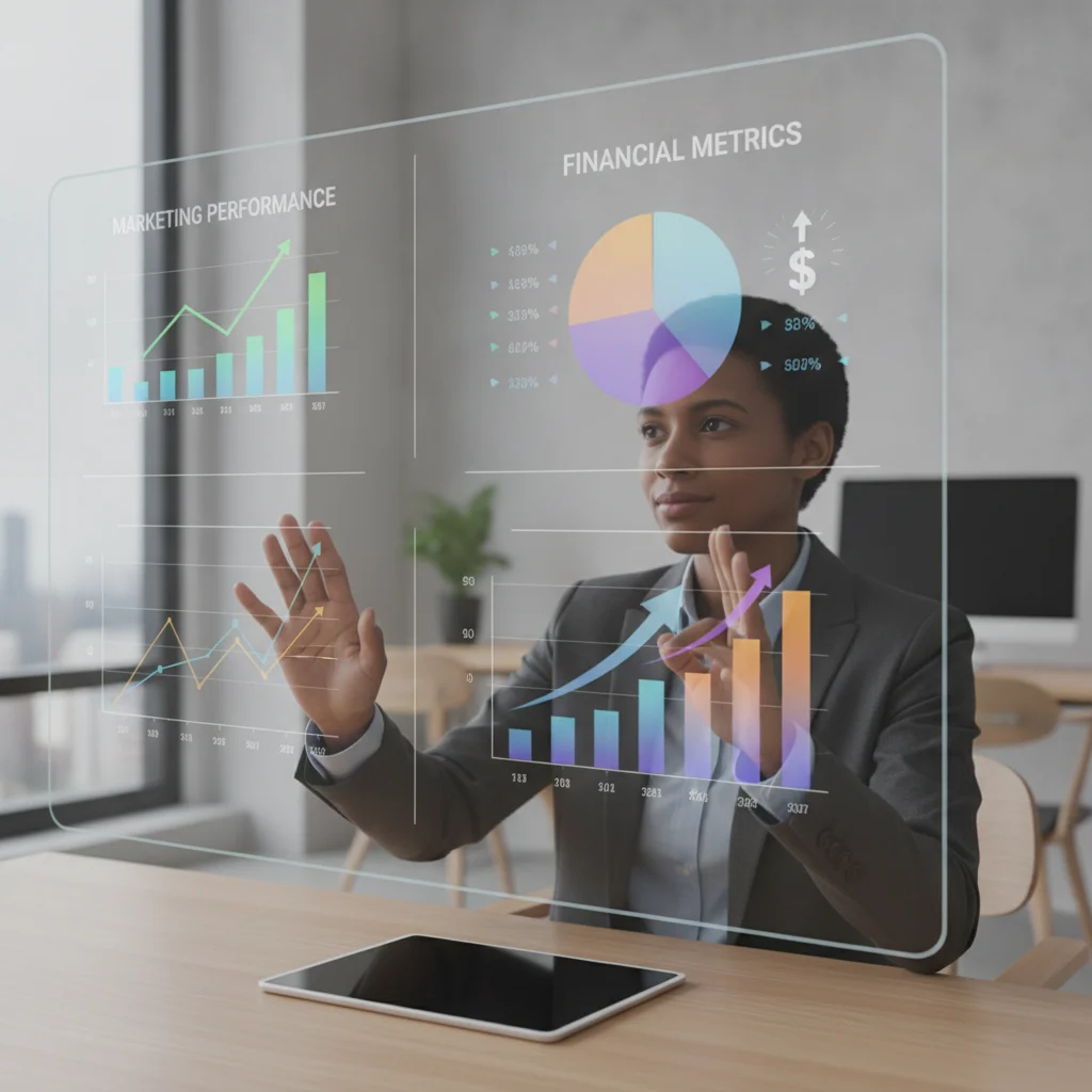 A modern, professional image depicting a legal professional (diverse, no specific gender or ethnicity) interacting with a digital interface on a tablet or large monitor, displaying clear, easy-to-understand graphs and data analytics related to marketing performance and financial metrics. The visual emphasizes transparency and growth. The background is a clean, contemporary office setting. No text, no gavels, no scales, no low-lighting, no competitor logos.