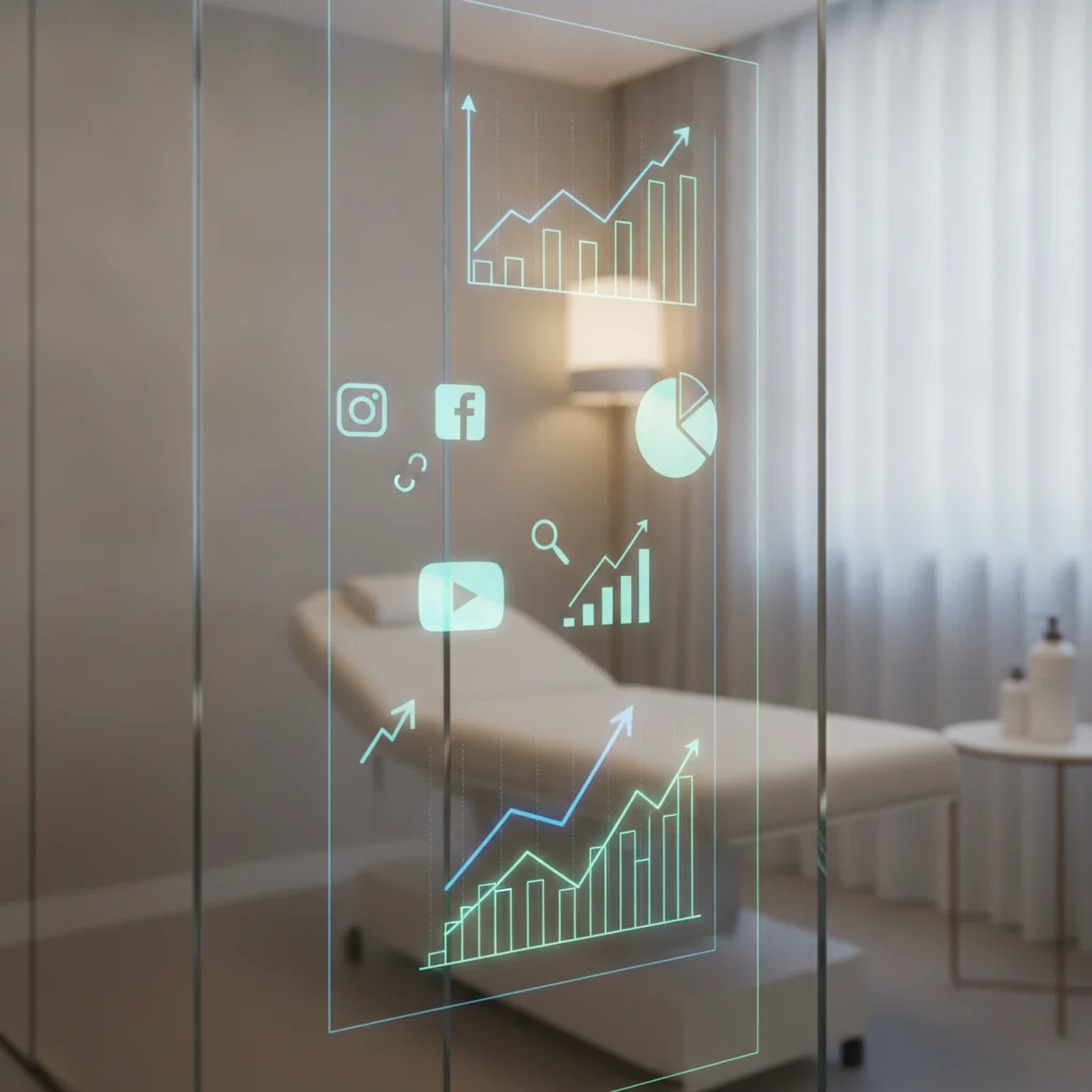 A professional and clean image depicting various financial graphs and charts overlaid with subtle medical spa elements (e.g., a serene, minimalist treatment room in the background, a skincare product bottle, or a soft glow). The foreground should have abstract digital marketing icons like social media logos or ad analytics symbols. The overall mood should be sophisticated, transparent, and growth-oriented. NO text, NO competitors, NO low-lighting, NO exaggerated faces.