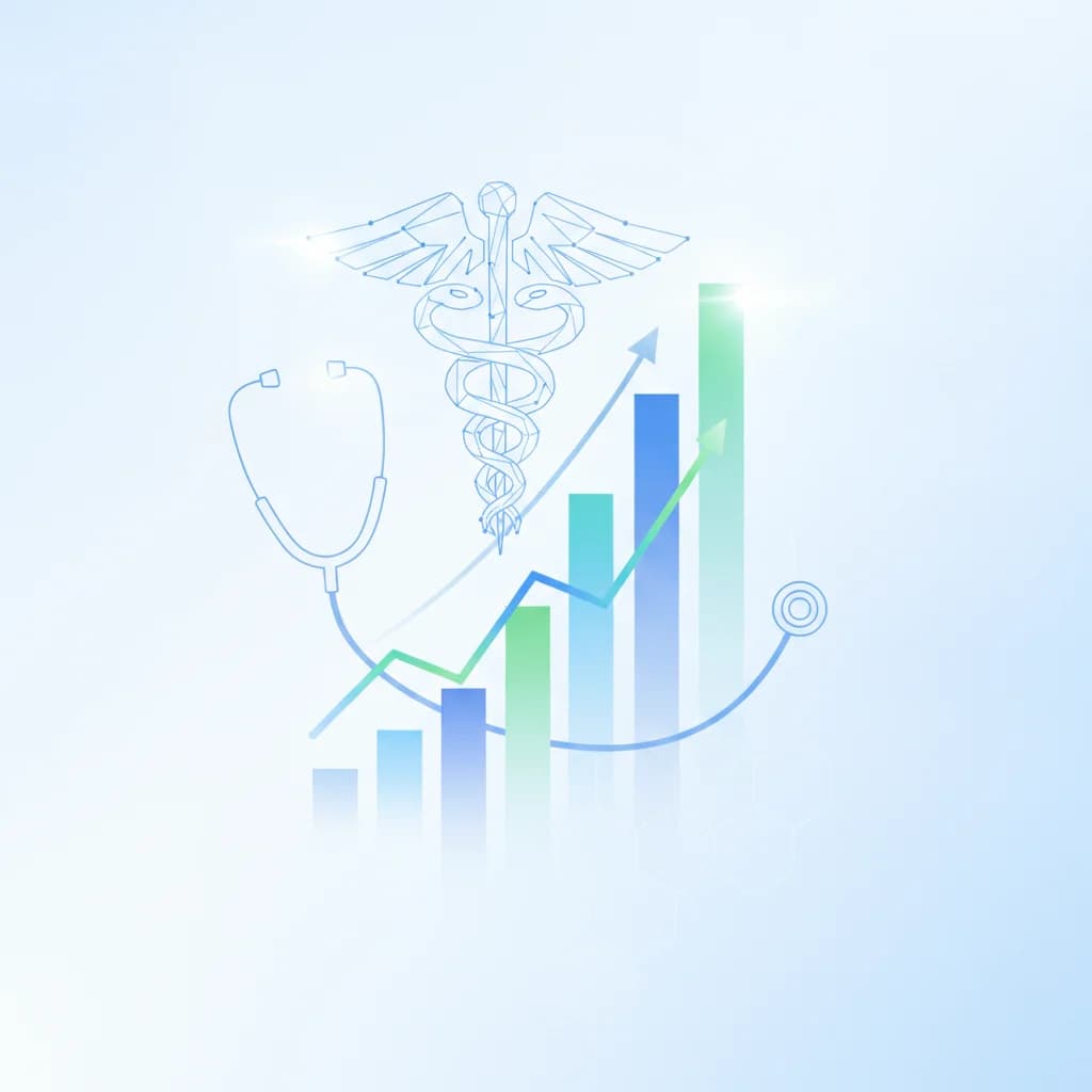 A clean, modern, professional graphic illustrating financial transparency in digital advertising for the medical sector, with data charts and graphs, subtle medical symbols like a caduceus or stethoscope integrated abstractly, no text, bright lighting, no specific people or patients, focus on financial clarity and growth.