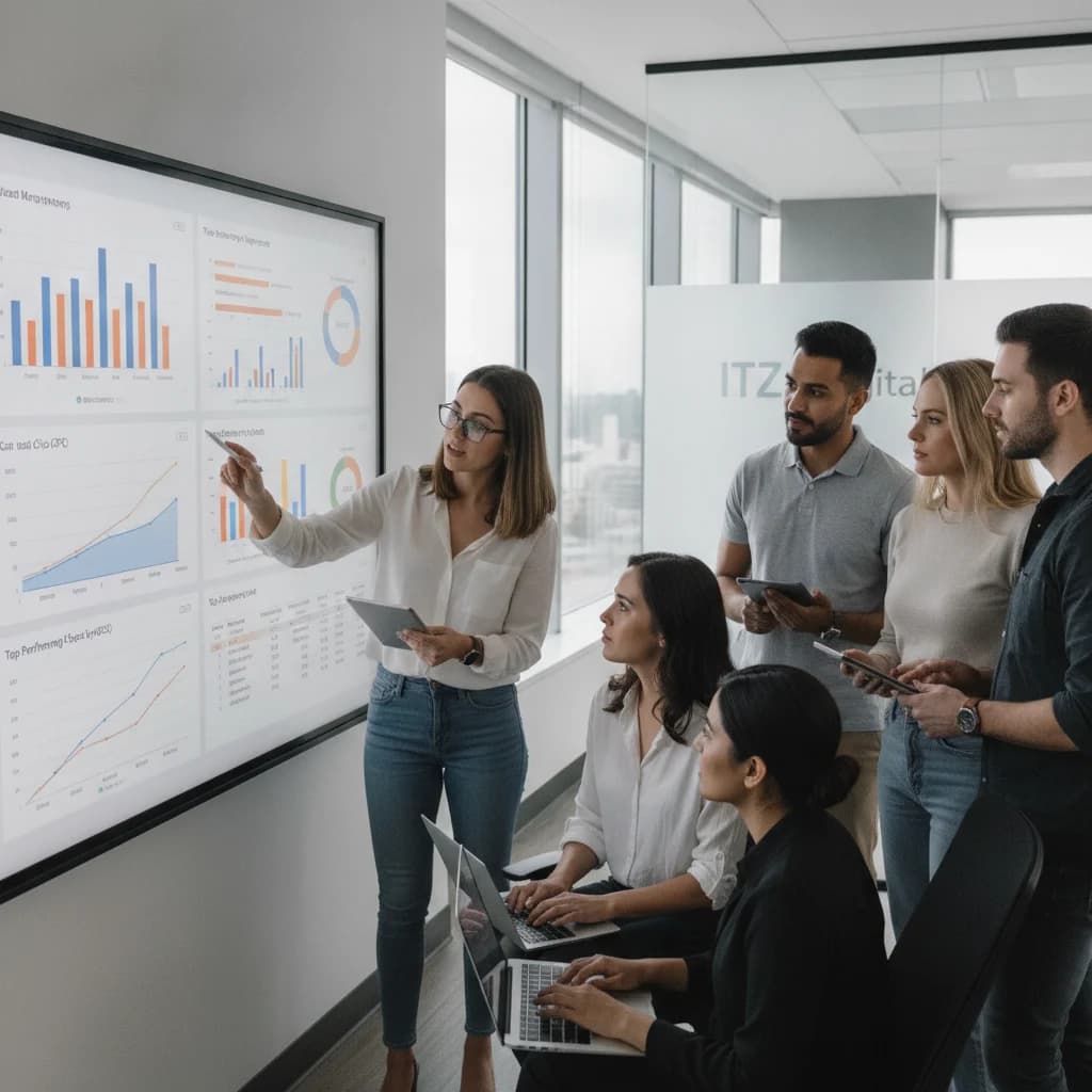 A diverse team of digital marketing professionals at ITZ Digital, collaborating around a large screen displaying real estate PPC campaign analytics and performance metrics. The scene should convey expertise, collaboration, and data-driven strategy, with no text overlays, no text in the image, no competitors, no low-lighting, and no blurred listings.