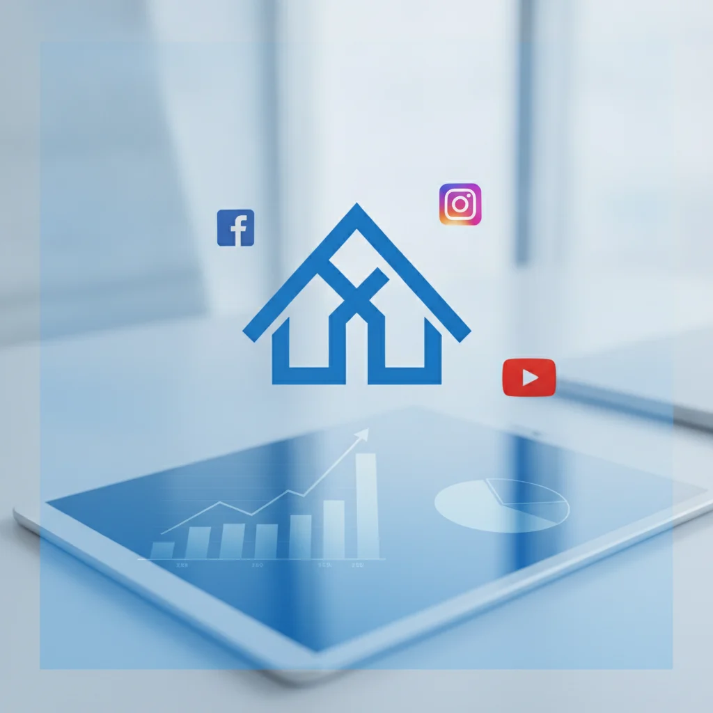 A professional, clean graphic showing a stylized roof icon on a tablet screen, surrounded by small social media platform logos (Facebook, Instagram). In the foreground, a transparent overlay of financial charts or data points, emphasizing clarity and analysis. NO text in image, NO competitors, NO low-lighting, NO safety violations.