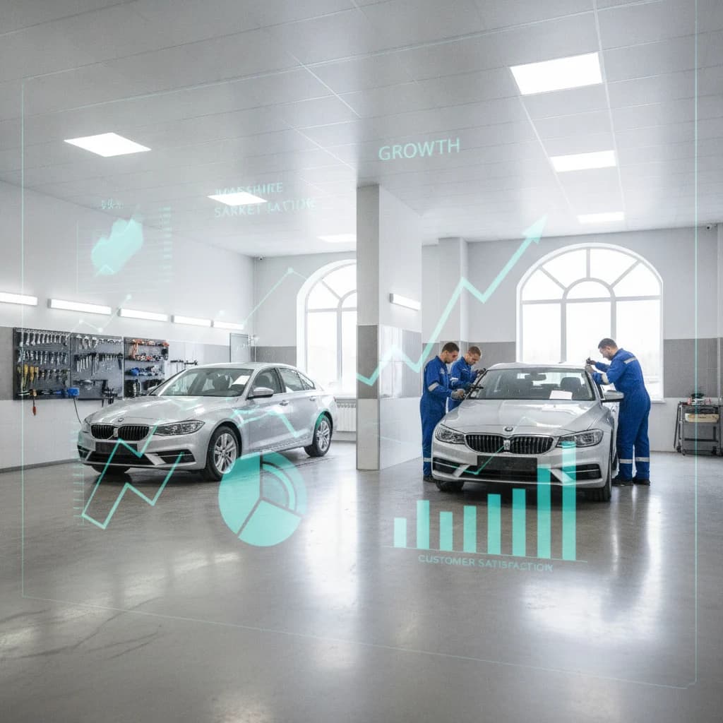 A modern, clean garage or auto repair shop specializing in windshield replacement, with a digital overlay of charts and graphs representing data and growth, no broken glass, professional, bright lighting, no text in image, no competitors.
