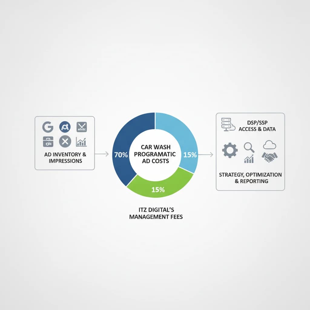 A detailed infographic illustrating the breakdown of car wash programmatic ad costs, showing media spend, platform fees, and ITZ Digital's transparent management fees. The infographic should use clean, modern design with clear labels and percentages. No text in the image itself.