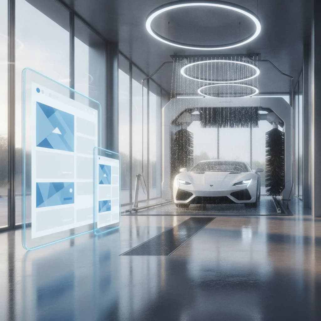 A modern, clean car wash facility with a sleek, digital overlay showing a professional website design on a tablet and phone. The image should be bright, inviting, and convey technology and efficiency. NO text in image, NO competitors, NO low-lighting.