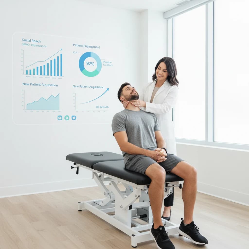 A chiropractor engaging with a patient in a modern, clean clinic setting, while in the background, a digital interface displays social media ad analytics and patient engagement metrics. The image should convey professionalism, growth, and digital marketing success for a chiropractic practice. No text in image, no competitors, no low-lighting.