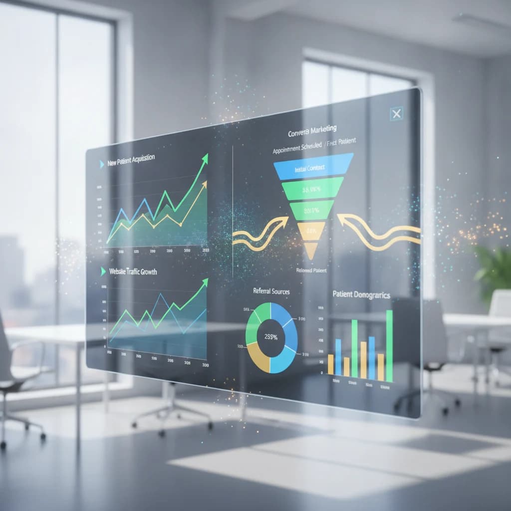 A professional digital marketing dashboard displaying positive growth charts and conversion funnels specifically for a chiropractor's patient acquisition. The scene is clean, modern, and features abstract digital elements with bright, optimistic lighting. No text or specific company logos are visible, and no competitors are depicted. The focus is on data visualization and successful growth.