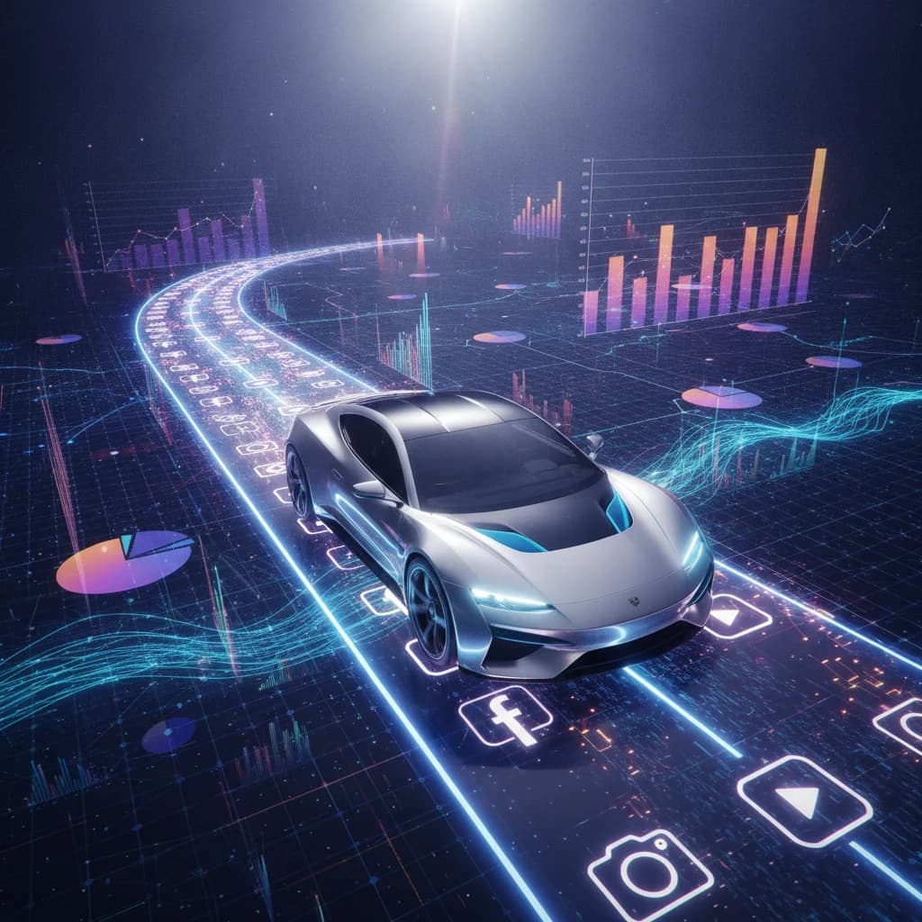 A dynamic, high-angle shot of a sleek, modern car on a digital highway made of social media icons and data streams. The car is moving forward, symbolizing growth and customer acquisition. The background is a vibrant, abstract representation of digital marketing analytics and networks. Bright, optimistic lighting, no text, no visible competitors, no car crashes.