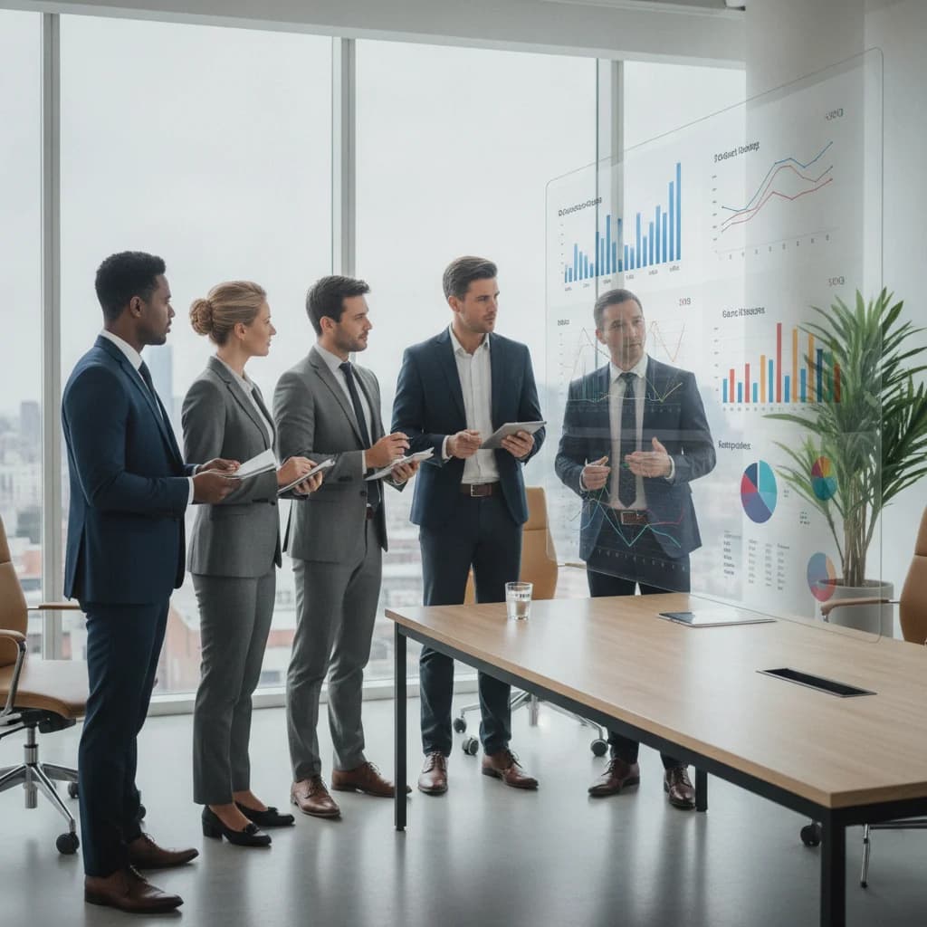 A diverse group of legal professionals, including a divorce attorney, collaborating with digital marketing experts in a modern, well-lit office. They are looking at data visualizations on a large screen, discussing SEO strategies and conversion rates. The image should convey professionalism, innovation, and collaboration, with no text overlays, no text in image, no competitors, and no low-lighting.