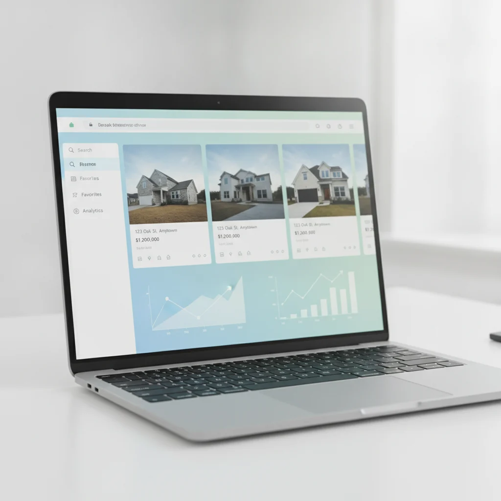 A modern, clean, and professional digital interface displaying real estate listings on a laptop screen, with subtle data analytics graphs in the background. The image should convey efficiency and high-tech solutions, no text overlays, no competitors, no low-lighting, no blurred listings.